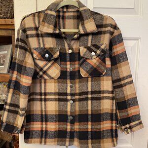 Womens Medium Beige Orange Black Brown Flannel Silver Buttons Jacket Fall Autumn